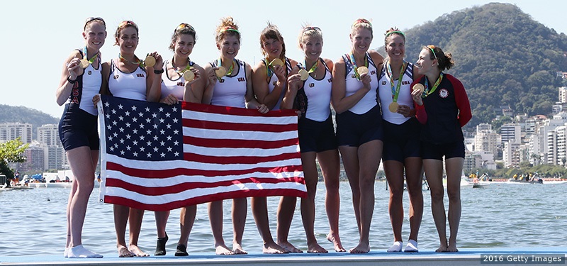RIO DE JANEIRO, BRAZIL - AUGUST 13: Gold medalists United States pose for photographs after the medal ceremony for the Women's Eight on Day 8 of the Rio 2016 Olympic Games at the Lagoa Stadium on August 13, 2016 in Rio de Janeiro, Brazil. (Photo by Buda Mendes/Getty Images)